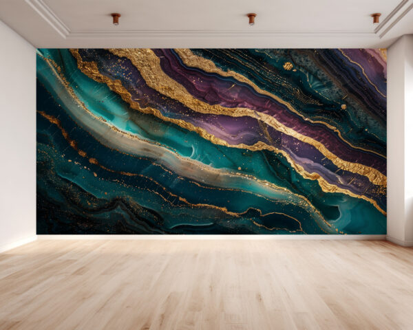 Living Room Mural with Elegant Green, Violet, and Gold Marble Patterns