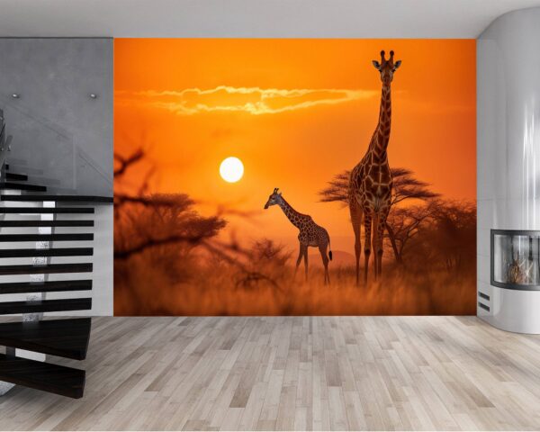 Detailed View of Giraffe and Sunset Vinyl Wallpaper