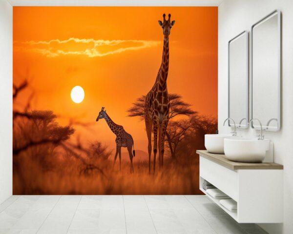 Bedroom Mural with Giraffes at Sunset Scene