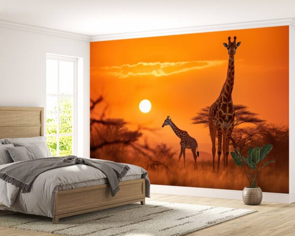 Vinyl Giraffe Design Wallpaper with Sunset and Savanna Patterns