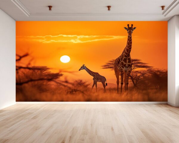 Removable Giraffe and Sunset Wallpaper in Bedroom