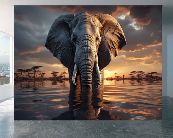 Vinyl Elephant Design Wallpaper with Water and Nature Patterns