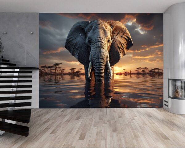 Removable Elephant and Water Landscape Wallpaper in Living Room