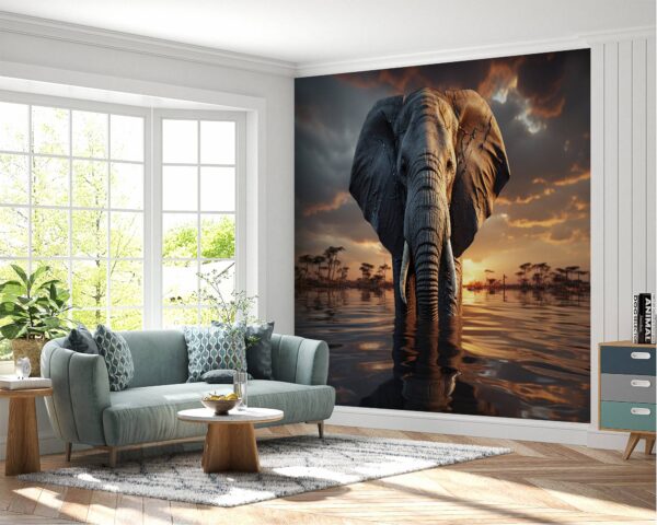 Living Room Mural with Elephants and Water Scene