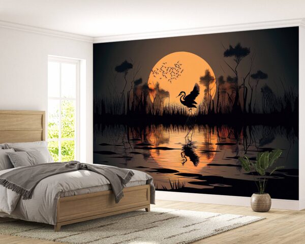 Bedroom Mural with Flamingos at Sunset Scene