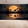 Vinyl Sunset Design Wallpaper with Flamingo Silhouettes