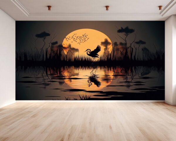 Vinyl Sunset Design Wallpaper with Flamingo Silhouettes