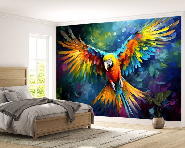 Bedroom Mural with Colorful Parrots in Flight