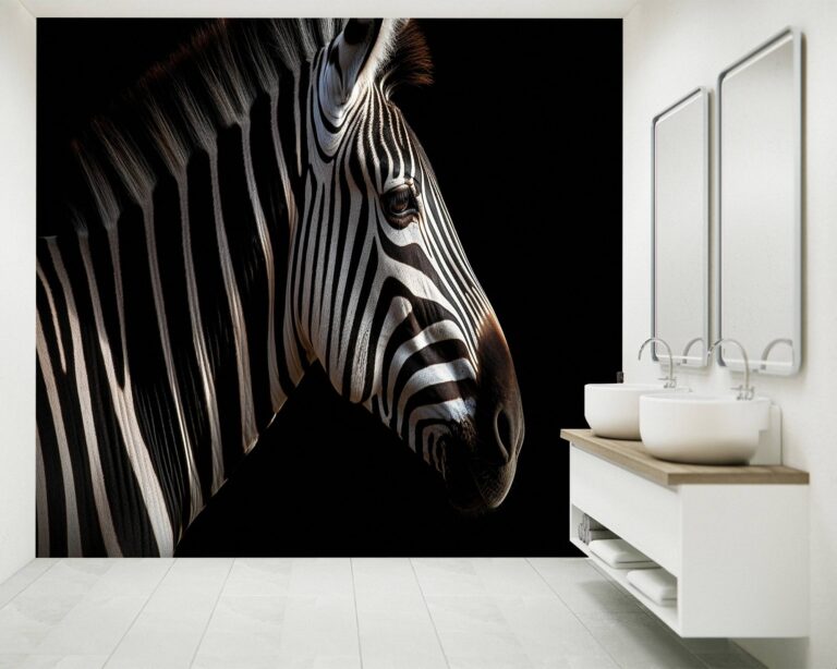 Living Room Mural with Striking Zebra Head Art