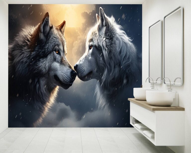 Living Room Mural with Wolves Under Moonlight