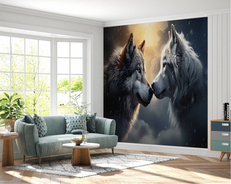 Living Room Mural with Wolves Under Moonlight