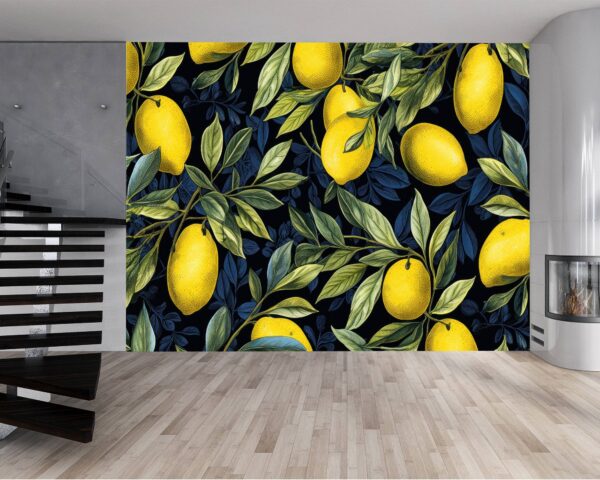 Vinyl Lemon and Leaf Design Wallpaper for Bedroom Wall