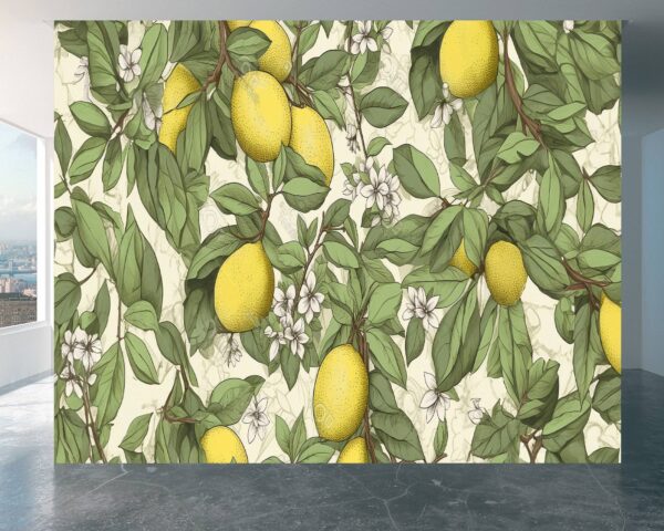 Living Room Mural with Artistic Lemon Tree Elements