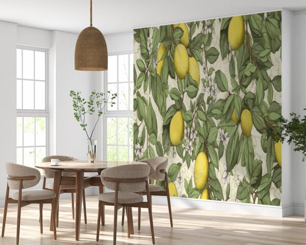 Removable Painted Lemon Tree Wallpaper in Living Room