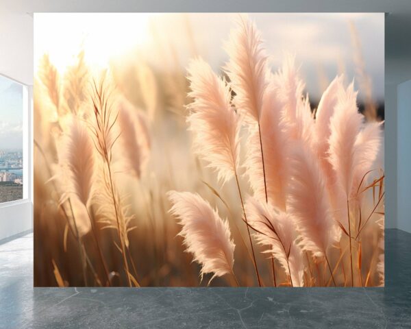 Living Room Mural with Pampas Grass and Meadow Scene