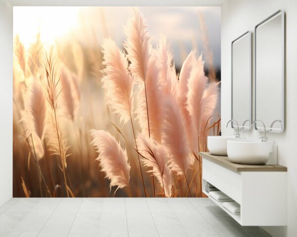 Dry Grass Cortaderia Meadow Self-Adhesive Wallpaper Close-Up