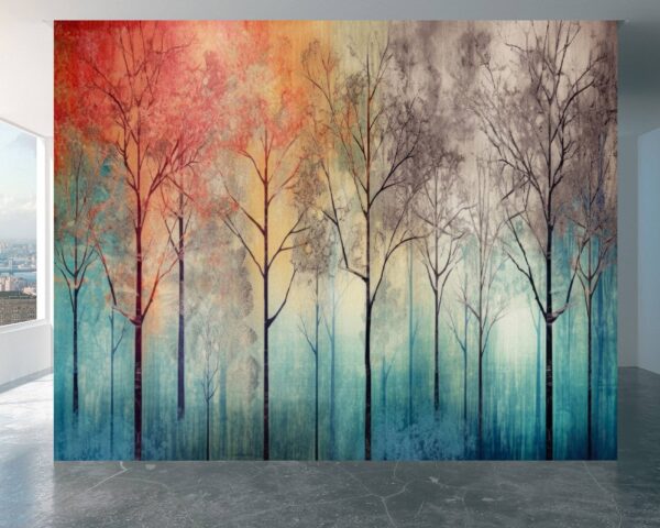 Living Room Mural with Abstract Tree and Floral Patterns