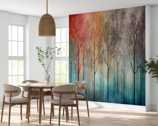 Removable Abstract Tree and Floral Wallpaper in Living Room