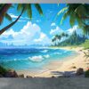 Living Room Mural with Cartoon Palm Trees and Ocean Scene