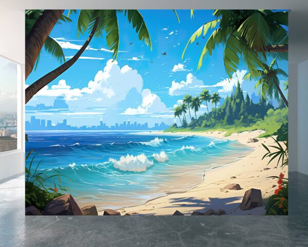 Living Room Mural with Cartoon Palm Trees and Ocean Scene