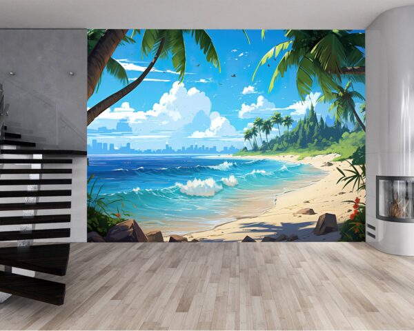 Vinyl Cartoon Beach Design Wallpaper for Wall Décor