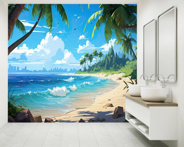 Tropical Beach Cartoon Self-Adhesive Wallpaper Close-Up