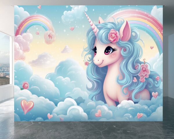 Living Room Mural with Unicorns, Clouds, and Rainbows