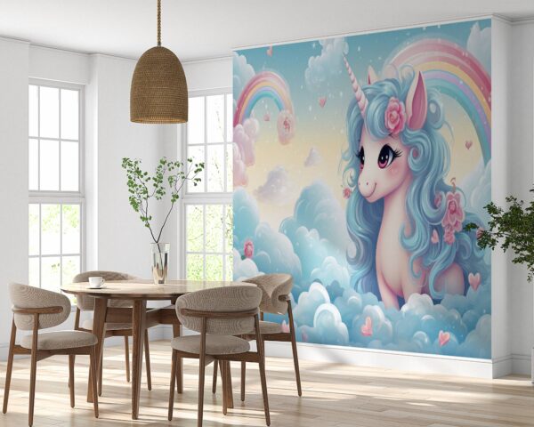 Removable Cartoon Unicorn and Cloud Wallpaper in Living Room