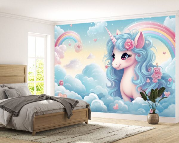 Removable Rainbow and Cloud Unicorn Design Wallpaper for Living Rooms