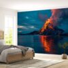 Living Room Mural with Night Volcano Eruption Scene