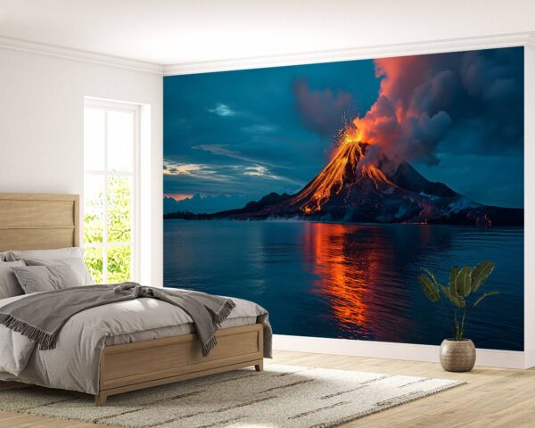 Living Room Mural with Night Volcano Eruption Scene