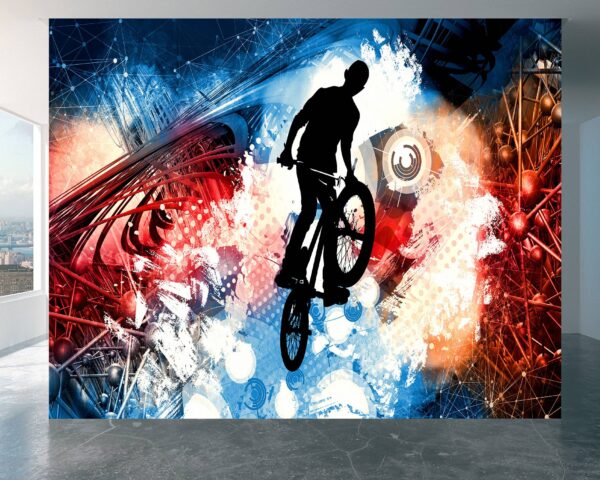 Living Room Mural with BMX Biker Silhouettes and Tricks