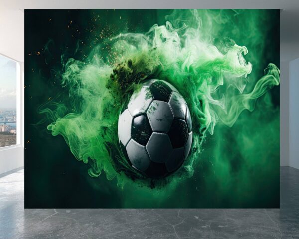 Living Room Mural with Soccer Balls and Match Scenes