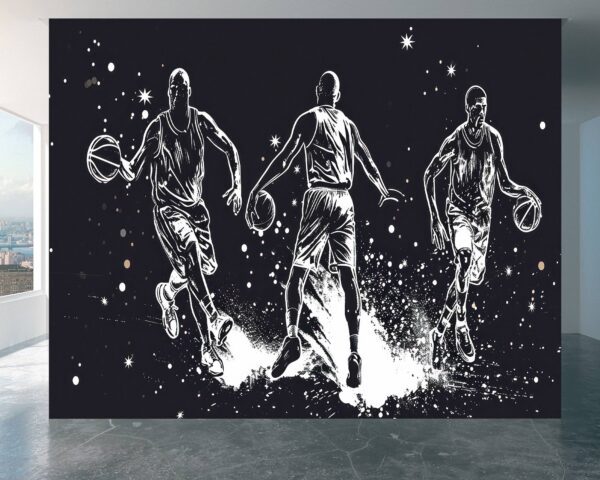 Bedroom Mural with Hand-Drawn Basketball Sketches