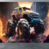 Living Room Mural with Monster Trucks and Abstract Power Sport Art