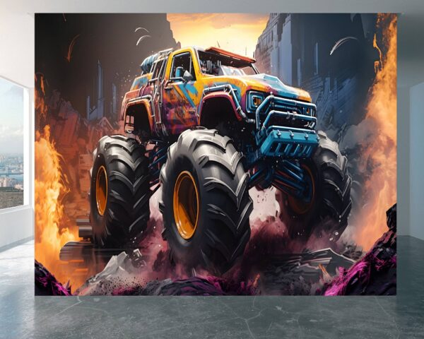 Living Room Mural with Monster Trucks and Abstract Power Sport Art