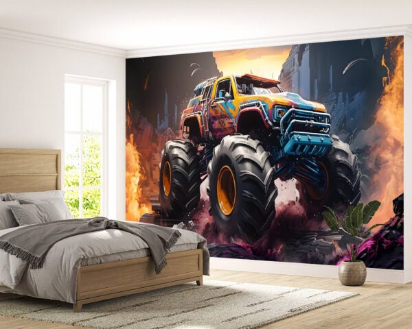 Removable Abstract Monster Truck Design Wallpaper for Living Rooms