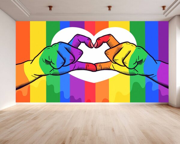 LGBT Wall Mural with Love Symbols and Pride Colors